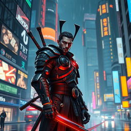 A cyberpunk ronin standing in a vibrant, neon-lit cityscape at night, with futuristic buildings towering in the background