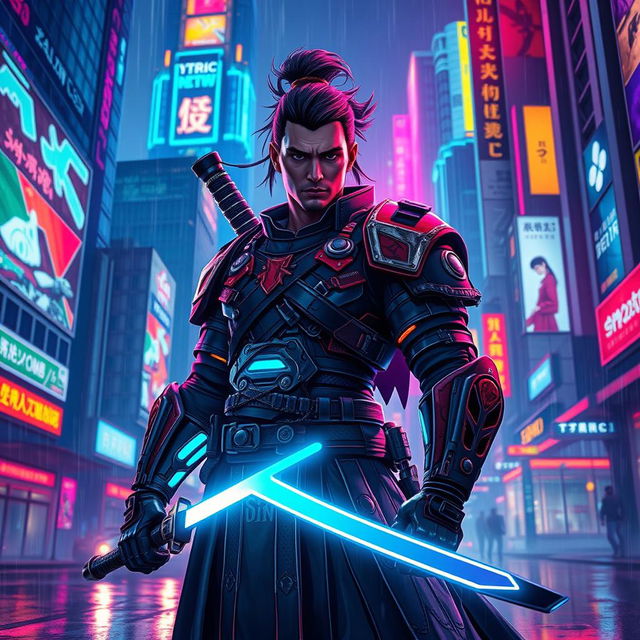 A cyberpunk ronin standing in a vibrant, neon-lit cityscape at night, with futuristic buildings towering in the background