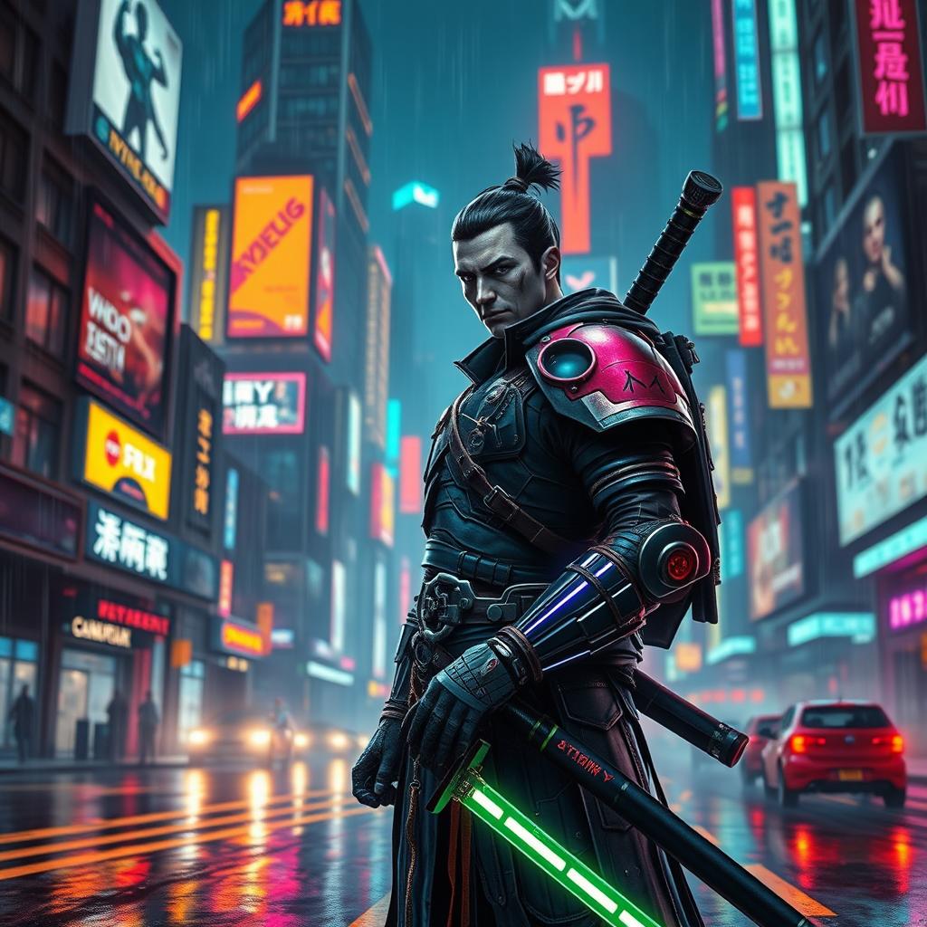 A cyberpunk ronin standing in a vibrant, neon-lit cityscape at night, with futuristic buildings towering in the background