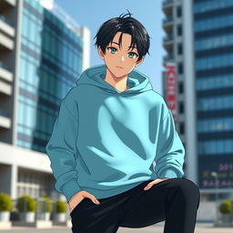 A full-length image of a 30-year-old Asian anime man, featuring captivating emerald green eyes and sleek black hair styled casually