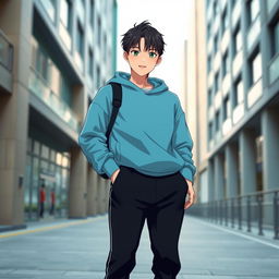A full-length image of a 30-year-old Asian anime man, featuring captivating emerald green eyes and sleek black hair styled casually