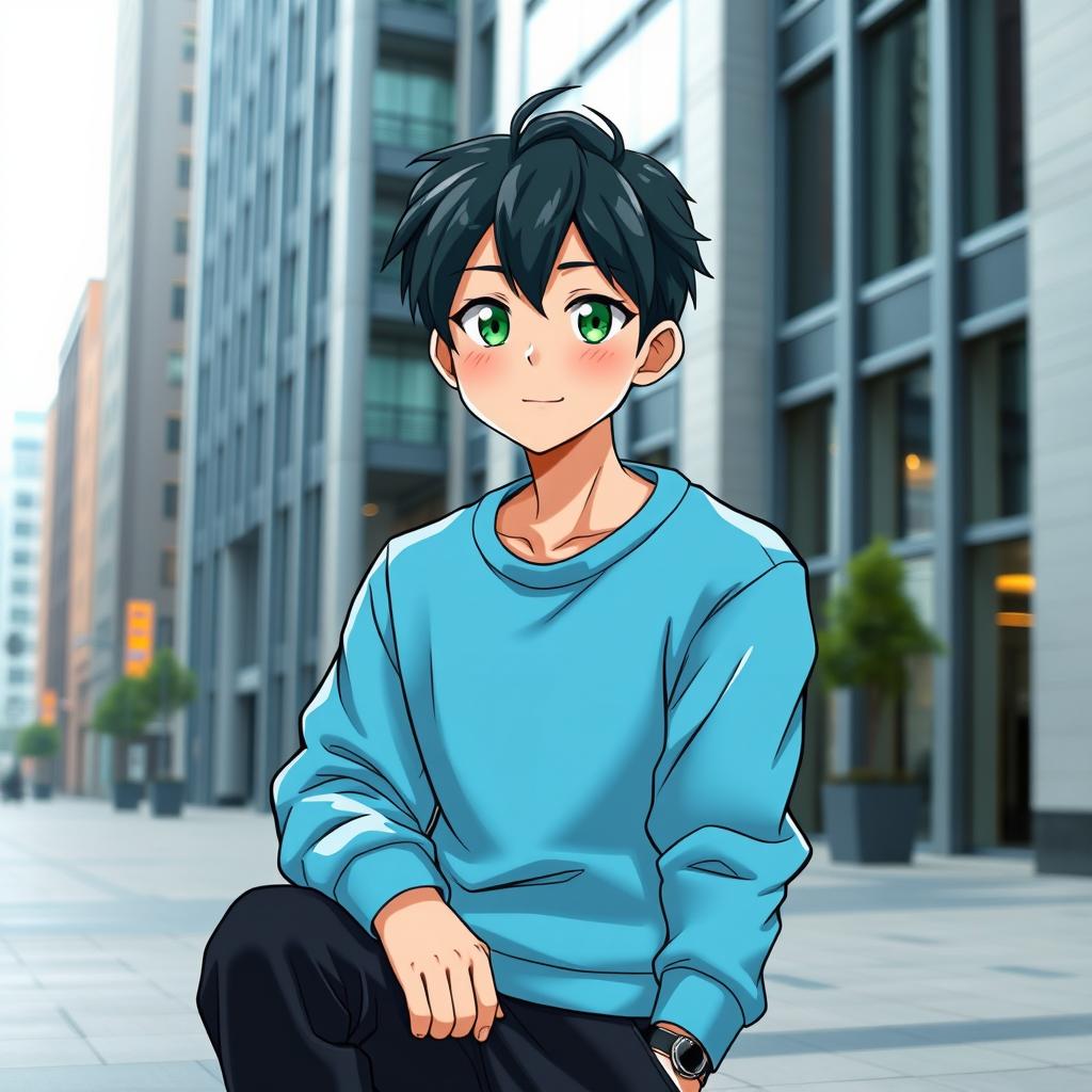 A full-length image of a 30-year-old Asian anime man, featuring captivating emerald green eyes and sleek black hair styled casually