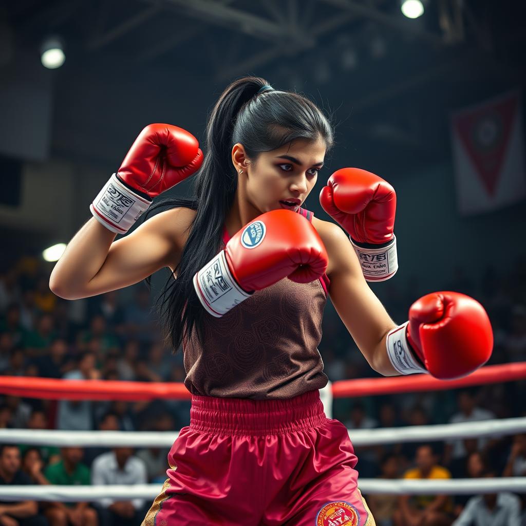 A fierce and determined Indian female boxer in action, showcasing her skill in the ring