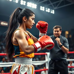 A fierce and determined Indian female boxer in action, showcasing her skill in the ring