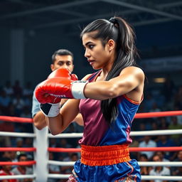 A fierce and determined Indian female boxer in action, showcasing her skill in the ring