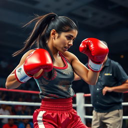 A fierce and determined Indian female boxer in action, showcasing her skill in the ring