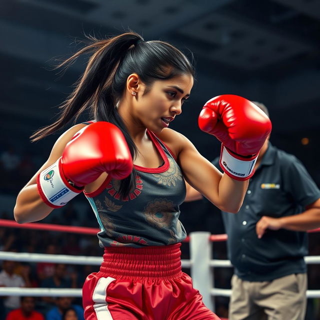 A fierce and determined Indian female boxer in action, showcasing her skill in the ring