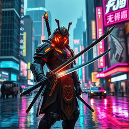 A futuristic cyberpunk samurai stands confidently in a neon-lit cityscape, adorned in high-tech armor with glowing accents