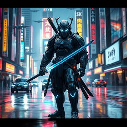 A futuristic cyberpunk samurai stands confidently in a neon-lit cityscape, adorned in high-tech armor with glowing accents