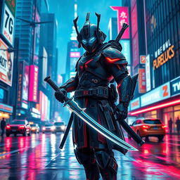 A futuristic cyberpunk samurai stands confidently in a neon-lit cityscape, adorned in high-tech armor with glowing accents