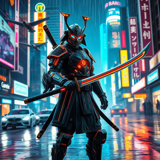 A futuristic cyberpunk samurai stands confidently in a neon-lit cityscape, adorned in high-tech armor with glowing accents