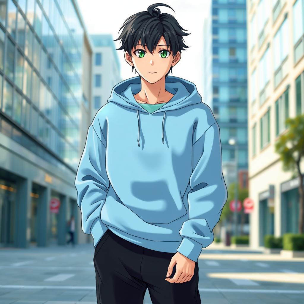 A full-length image of a 22-year-old Asian anime man, featuring striking emerald green eyes and stylish black hair