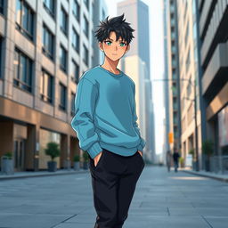 A full-length image of a 22-year-old Asian anime man, featuring striking emerald green eyes and stylish black hair