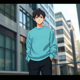 A full-length image of a 22-year-old Asian anime man, featuring striking emerald green eyes and stylish black hair