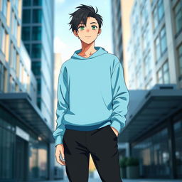 A full-length image of a 22-year-old Asian anime man, featuring striking emerald green eyes and stylish black hair