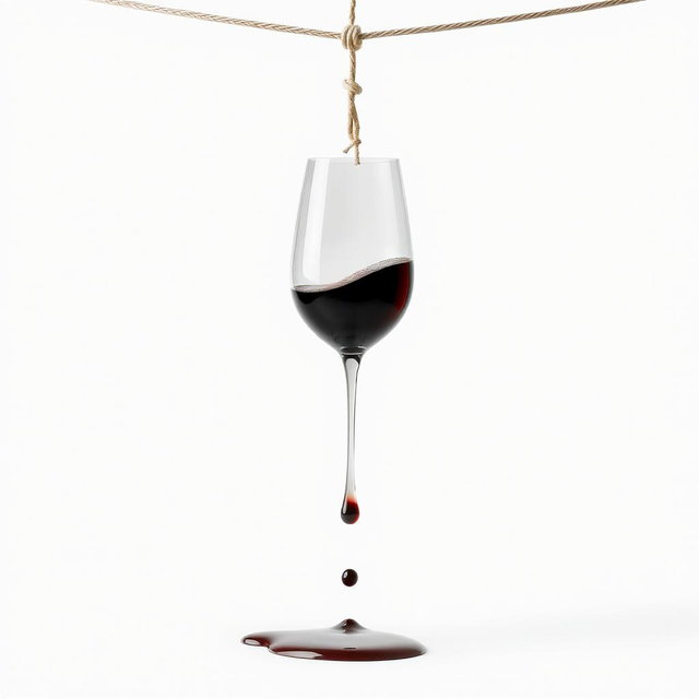 A minimalist composition featuring a wine glass hanging from a simple rope