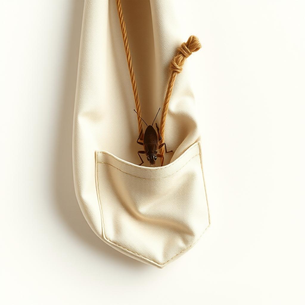 A minimalist composition featuring a small cricket sitting inside a coat pocket, the fabric softly draping around it