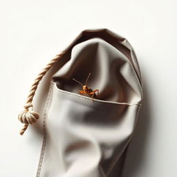 A minimalist composition featuring a small cricket sitting inside a coat pocket, the fabric softly draping around it