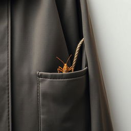 A minimalist composition featuring a small cricket sitting inside a coat pocket, the fabric softly draping around it