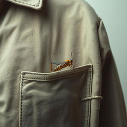 A minimalist depiction of a cricket perched on an old coat pocket, the fabric showing signs of wear and history