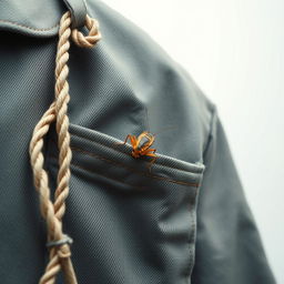 A minimalist depiction of a cricket perched on an old coat pocket, the fabric showing signs of wear and history