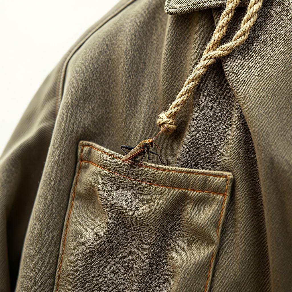 A minimalist depiction of a cricket perched on an old coat pocket, the fabric showing signs of wear and history