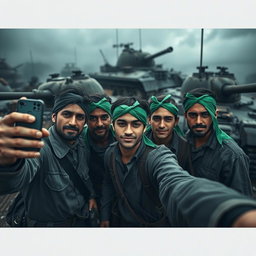 A dark and epic scene featuring simple resistance fighters adorned with green ribbons around their heads as they take selfies in front of destroyed tanks