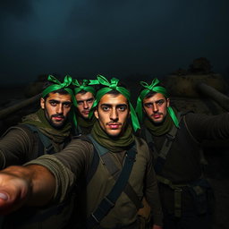 A dark and epic scene featuring simple resistance fighters adorned with green ribbons around their heads as they take selfies in front of destroyed tanks