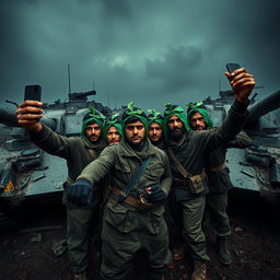 A dark and epic scene featuring simple resistance fighters adorned with green ribbons around their heads as they take selfies in front of destroyed tanks
