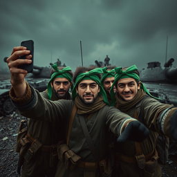 A dark and epic scene featuring simple resistance fighters adorned with green ribbons around their heads as they take selfies in front of destroyed tanks