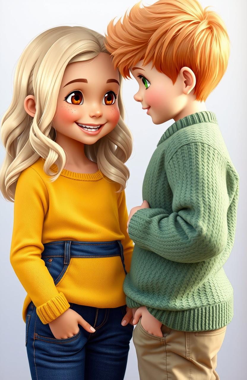 A girl with tan skin and blonde wavy hair, showcasing warm honey-colored eyes and light freckles