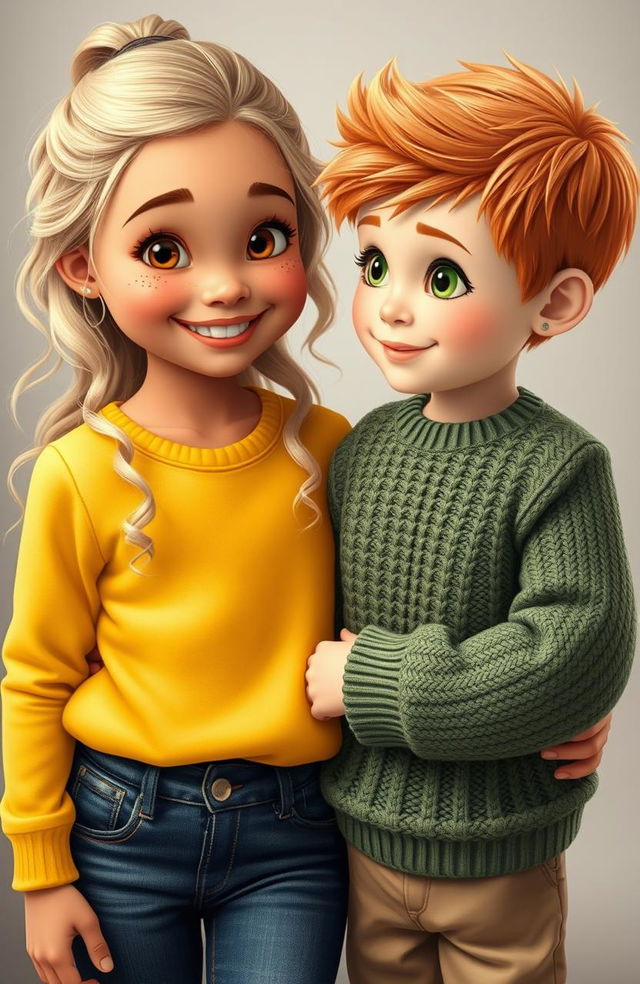 A girl with tan skin and blonde wavy hair, showcasing warm honey-colored eyes and light freckles