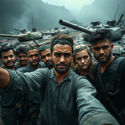 A group of dark and determined resistance fighters, each wearing a simple outfit, posing for selfies with destroyed tanks in the background