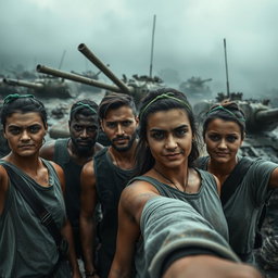A group of dark and determined resistance fighters, each wearing a simple outfit, posing for selfies with destroyed tanks in the background