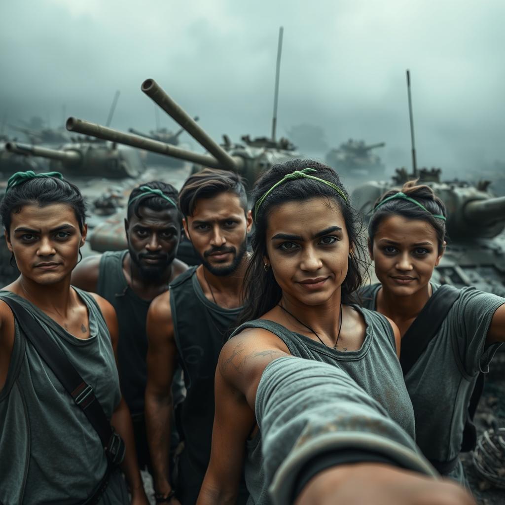A group of dark and determined resistance fighters, each wearing a simple outfit, posing for selfies with destroyed tanks in the background