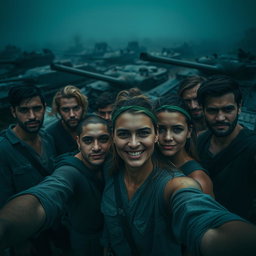 A group of dark and determined resistance fighters, each wearing a simple outfit, posing for selfies with destroyed tanks in the background