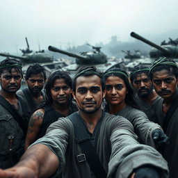 A group of dark and determined resistance fighters, each wearing a simple outfit, posing for selfies with destroyed tanks in the background