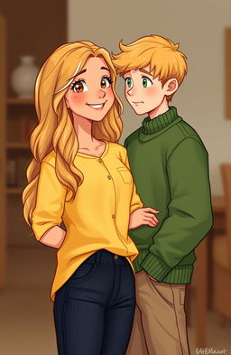 A girl with tan skin, wavy blonde hair, and honey-colored eyes, adorned with light freckles