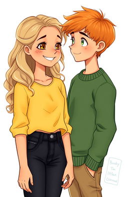 A girl with tan skin, wavy blonde hair, and honey-colored eyes, adorned with light freckles