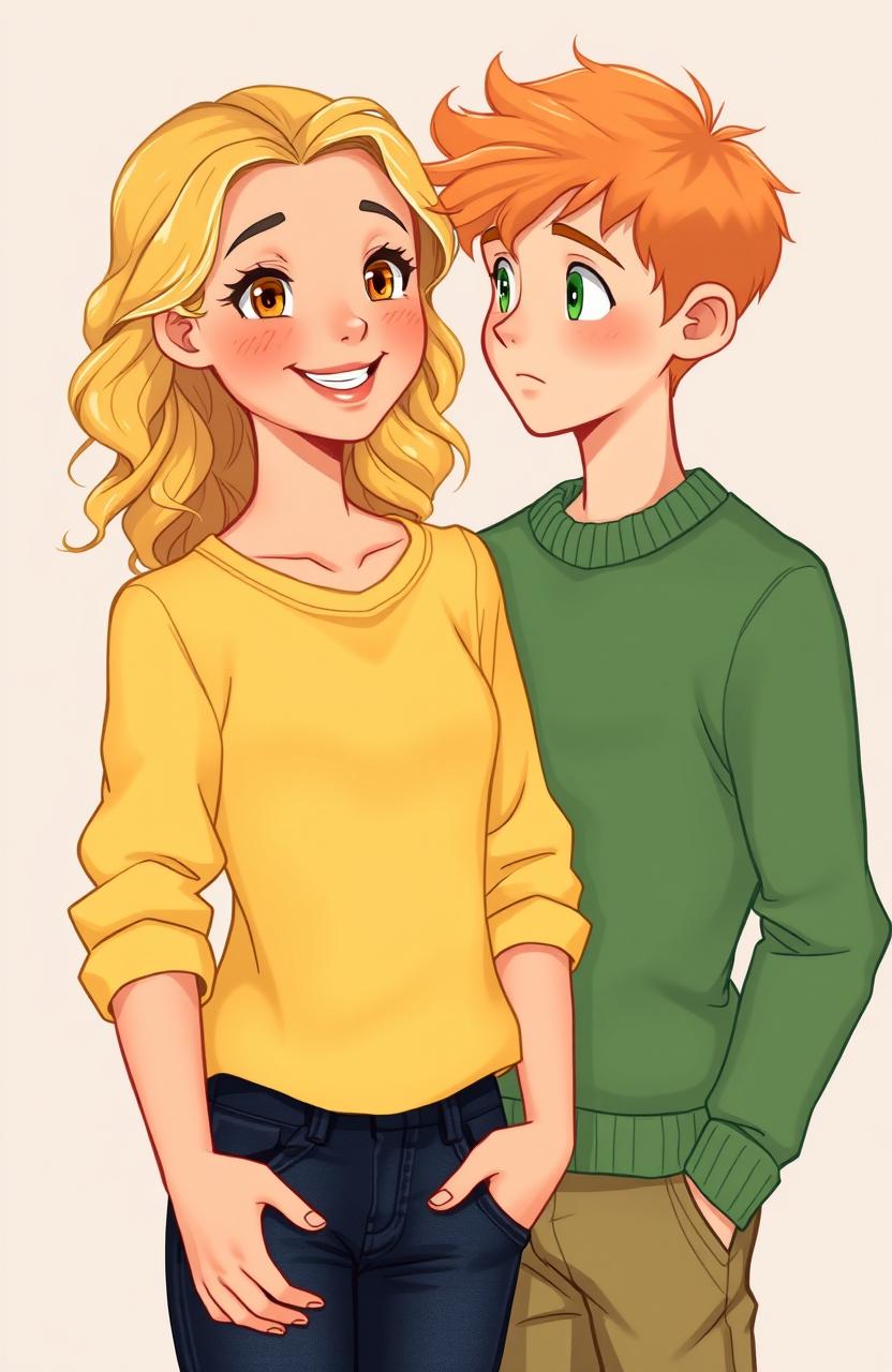 A girl with tan skin, wavy blonde hair, and honey-colored eyes, adorned with light freckles