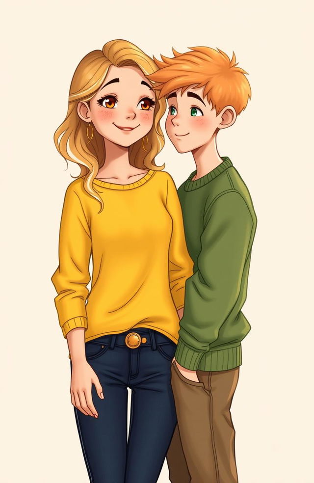 A girl with tan skin, wavy blonde hair, and honey-colored eyes, adorned with light freckles