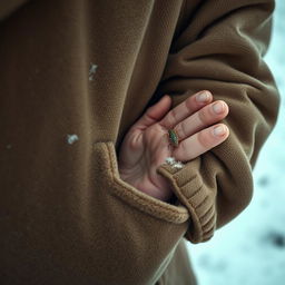 A winter scene featuring an old man's hand resting inside the pocket of a worn, vintage coat