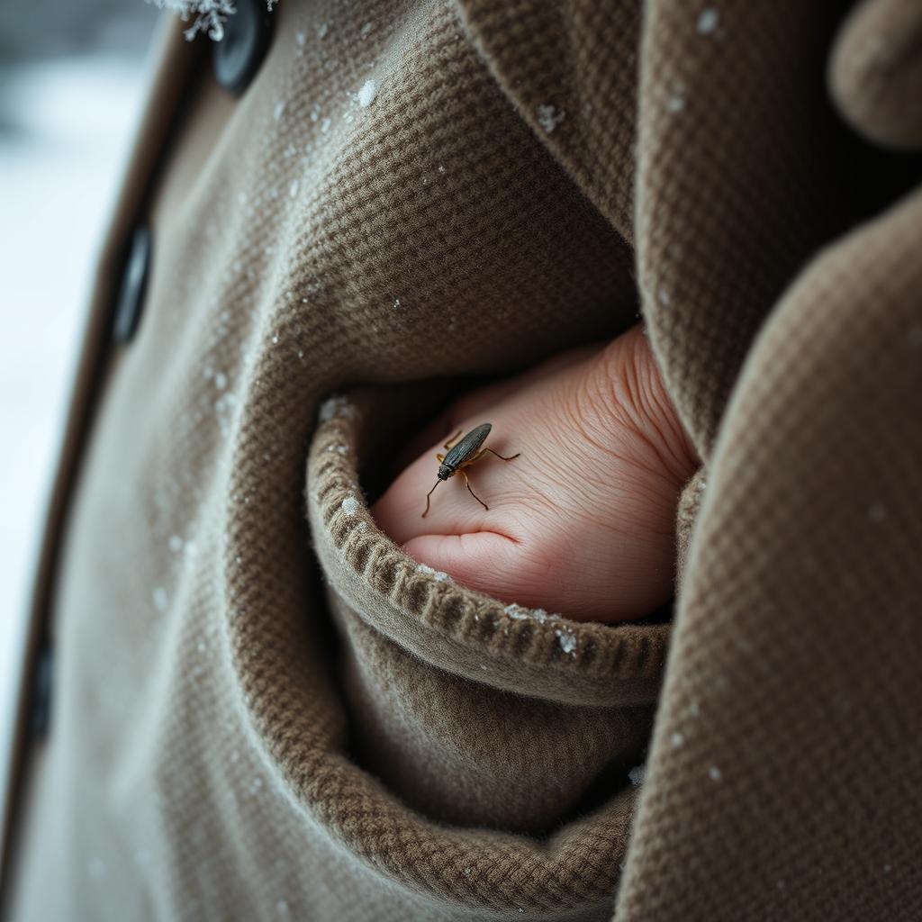 A winter scene featuring an old man's hand resting inside the pocket of a worn, vintage coat
