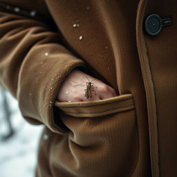 A winter scene featuring an old man's hand resting inside the pocket of a worn, vintage coat
