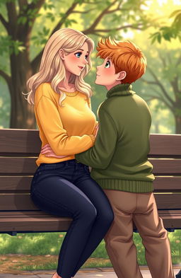 A romantic scene on a park bench featuring two teenagers, a girl with tan skin, blonde wavy hair, honey eyes, and light freckles