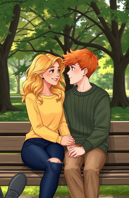 A romantic scene on a park bench featuring two teenagers, a girl with tan skin, blonde wavy hair, honey eyes, and light freckles