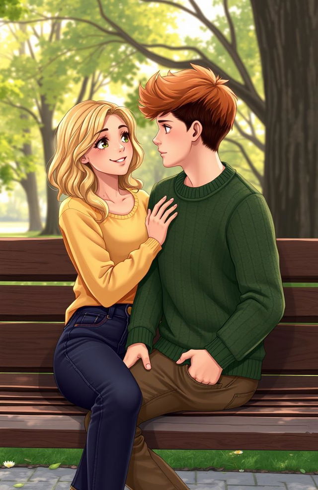 A romantic scene on a park bench featuring two teenagers, a girl with tan skin, blonde wavy hair, honey eyes, and light freckles