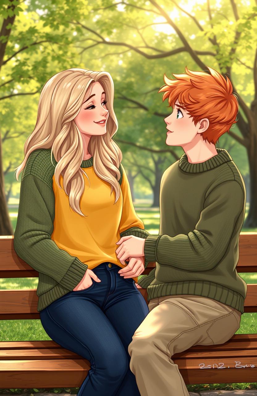 A romantic scene on a park bench featuring two teenagers, a girl with tan skin, blonde wavy hair, honey eyes, and light freckles