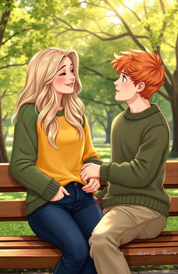 A romantic scene on a park bench featuring two teenagers, a girl with tan skin, blonde wavy hair, honey eyes, and light freckles