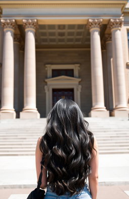 A woman with wavy black hair viewed from the back, standing in front of a grand university building